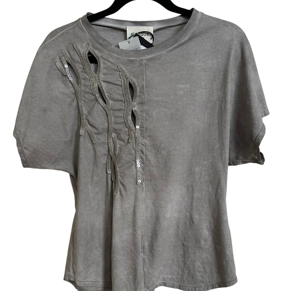 NWT Oblique Creations Italy SS25 Sequin Cutout Slash Tee Grey Mineral Wash S M
